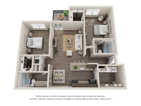 Floor plan for 2 beds, 2 baths, 1064 sqft